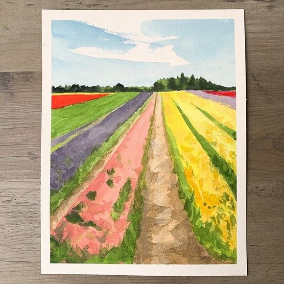 Watercolor Painting Landscape Tulip Fields Bloom Floral "Colorwave" Signed 8x10 - Picture 3 of 3